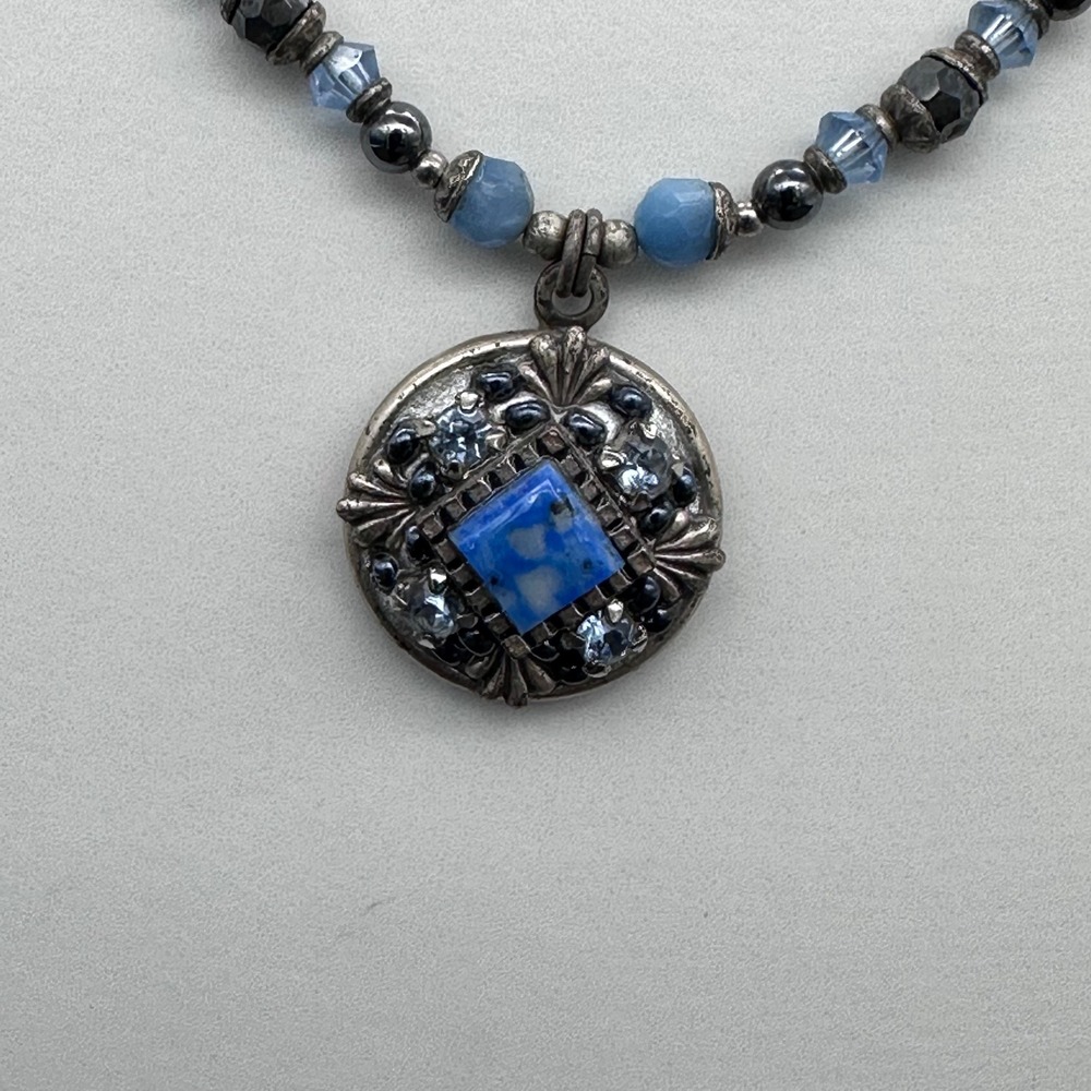 Michal Golan Vintage 90s Mosaic Pendant Necklace Blue Crystal Beaded Silver OS